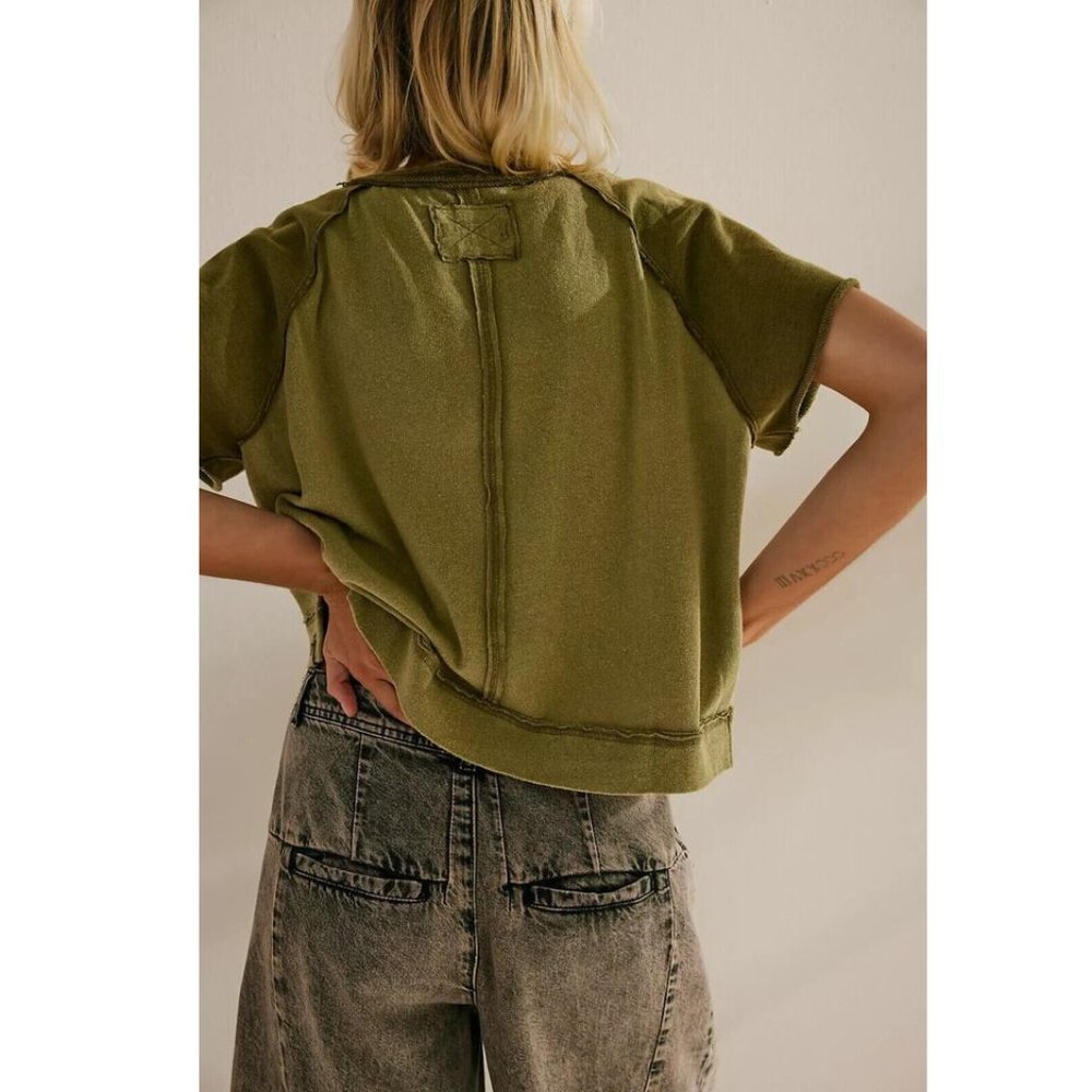 Free People We The Free Eyes Closed Henley Cropped Top Cotton Slouchy M - Picture 3 of 8